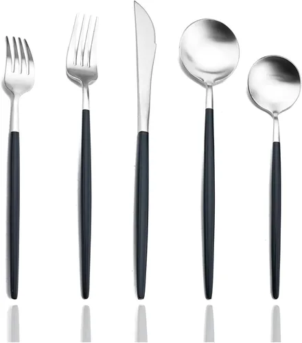 Juego de cubiertos de acero inoxidable 18/0 de JASHII para 4, utensilios de cocina, juego de vajilla y cubiertos, acabado satinado, mango negro