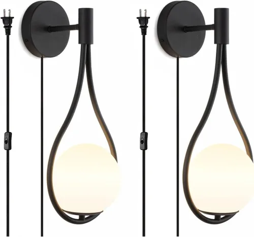 BOKT Moderna lámpara de pared de vidrio negra para colgar en la pared, apliques de pared de mediados de siglo para dormitorio, con gota de agua, con