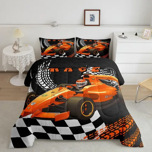 Miniatura 8 de Erosebridal Juego de edredón individual de motocicleta de carreras para niños, juego de ropa de cama de panal con luces de neón azules, motocross