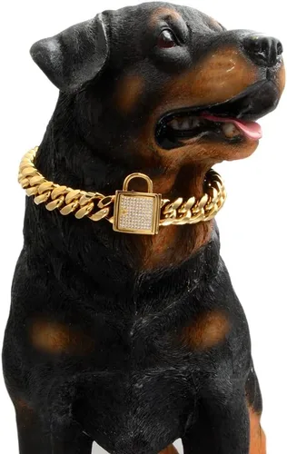 Miniatura 2 de Collar de cadena cubana dorada para perro, cadena de eslabones de acero inoxidable sólido, collar grueso para mascotas, collar para perros pequeños