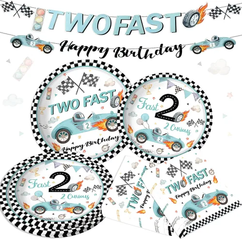 Decoración de fiesta de 2º cumpleaños de coche de carreras para niños, dos platos y servilletas de papel desechable, dos rápidos, dos, curiosos, 2,