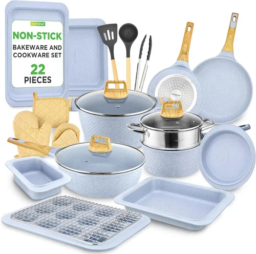 Miniatura 10 de NutriChef NCCW14SBR - Juego de utensilios de cocina antiadherentes de 14 piezas, ollas y sartenes de cocina resistentes a los arañazos con tapas