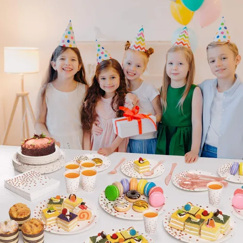 Miniatura 7 de Partylamb Suministros de fiesta de color blanco y oro rosa, juego de vajilla desechable de 350 piezas con platos, servilletas, tazas, tenedores, A1.