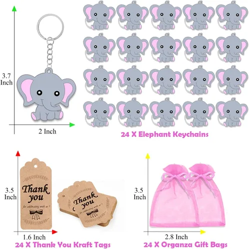 Miniatura 2 de CiciBear Paquete de 72 recuerdos de fiesta de elefante rosa con llaveros, etiquetas, bolsas de regalo para baby shower, cumpleaños de niños, 24