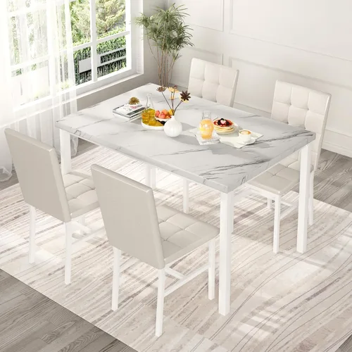 Miniatura 3 de Hooseng Juego de mesa de cocina de 5 piezas, juego de mesa de comedor de mármol, 4 sillas, juego de mesa de comedor para cocina, sala de estar, Negro