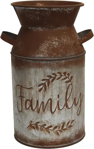 Lata de leche galvanizada con saludos, florero retro antiguo, maceta de metal, rústico, vintage, primitivo, soporte para flores, planta de campo