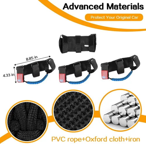 Miniatura 7 de 4 x Asas de Agarre de Barra Enrollable Paracord para 1955-2023 Jeep Wrangler YJ TJ JK JKU JL JLU & Gladiator JT, Negro & Azul, Bandera Americana