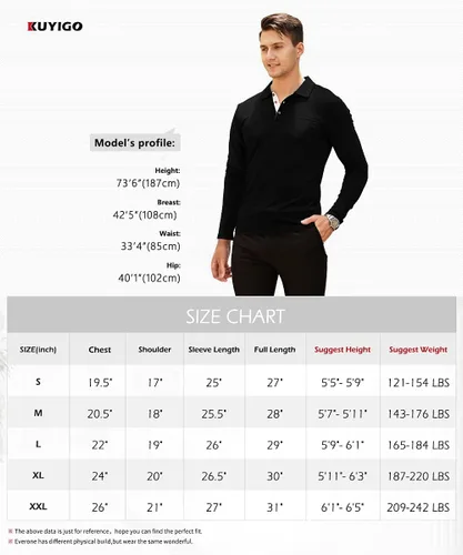 Miniatura 5 de KUYIGO Camisa polo de manga corta y larga para hombre, casual, ajustada, lisa, suave, con botones, de algodón, con cuello