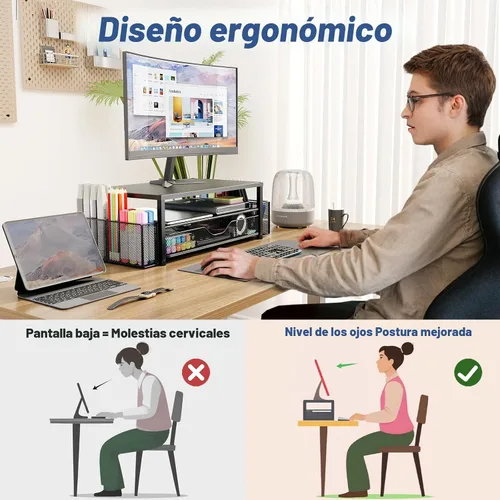 Miniatura 6 de OPNICE Soporte elevador de monitor doble con cajón y 2 soportes para bolígrafos, organizador de escritorio para suministros de oficina, soporte