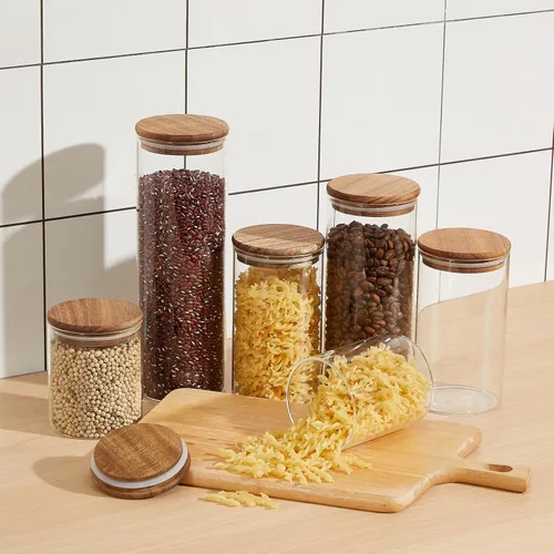 Miniatura 4 de Qinyoung Tarros de almacenamiento de vidrio con tapas de madera, 4 tamaños, recipientes de almacenamiento de alimentos, recipientes transparentes