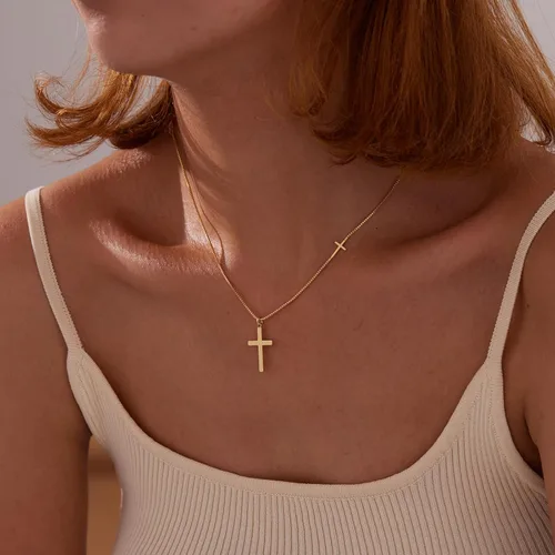 Miniatura 53 de Collar de cruz para mujeres y niñas, delicado chapado en oro de 14 quilates, gargantilla con dije de cruz que no se deslustra, impermeable, moderno