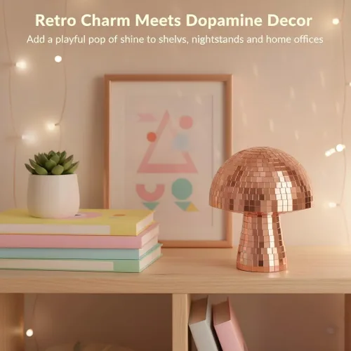Miniatura 4 de Decoración de setas de discoteca, lámpara retro de bola de discoteca de oro rosa de 7 pulgadas, elegante decoración de bola de discoteca para mesa