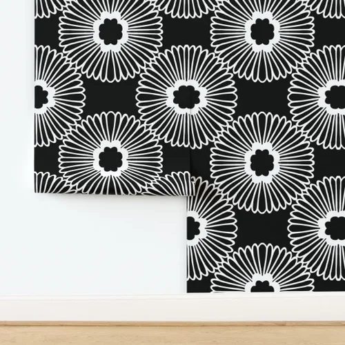Miniatura 4 de Despegar y pegar muestra de papel tapiz – Flor floral grande negro blanco círculo de la naturaleza Bold Mod Daisy 1960s Retro Modern Decoración