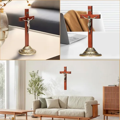 Miniatura 9 de ACHIBANG Crucifijo de pared de 12 pulgadas con soporte, cruz de Jesús católica de pie y colgante de madera con INRI para el hogar o la sala