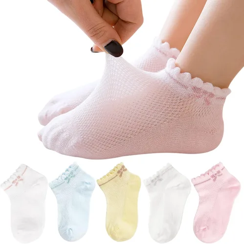 Looching Paquete de 5 calcetines de malla delgados de algodón de corte bajo para niños pequeños, calcetines de tobillo invisibles 1-12T, color