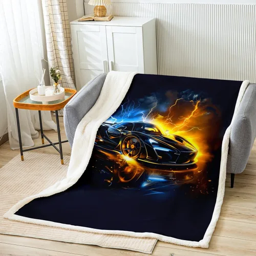 Miniatura 8 de Manfei Sports Car Kids Throw Blanket Blue and Orange Fire Bed Blanket for Boys Girls Room Decor, Black Racing Car Blanket for Couch Sofa, Soft and