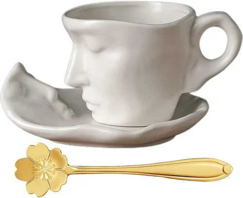 ONEUSTAR Juego de taza de té y platillo de 8.5 onzas, taza de café de cerámica hecha a mano con cuchara para mujer, día de San Valentín, boda,