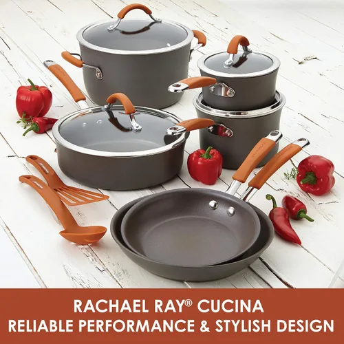 Miniatura 4 de Rachael Ray Cucina - Juego de ollas y sartenes antiadherentes anodizadas duras aptas para lavavajillas, 12 piezas, gris & Yum-o! Horno Lovin' sartén