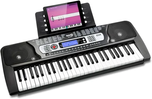 RockJam - Piano de teclado de 54 teclas con fuente de alimentación, soporte para partituras, calcomanías para notas de piano y lecciones