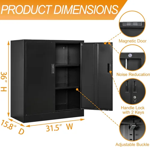 Miniatura 3 de BESFUR Armario de almacenamiento de metal de 36 pulgadas de alto, gabinete de metal negro con 2 puertas con cerradura y 2 estantes ajustables