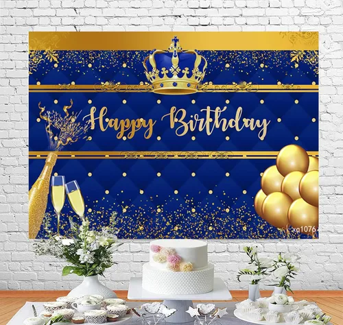 Miniatura 4 de InMemory Telón de fondo de cumpleaños azul real y dorado para hombres, corona dorada, globos de champán, fondo de feliz cumpleaños, para niños