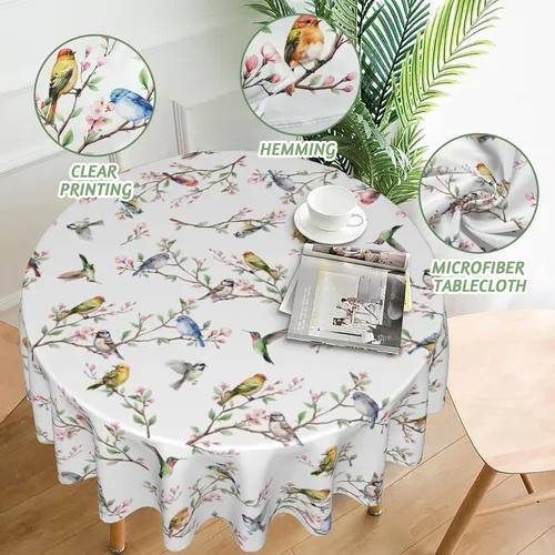 Miniatura 4 de Mantel redondo de primavera y verano de 60 pulgadas, diseño floral de ramas de pájaros, mantel lavable para fiesta, picnic, cocina, decoración
