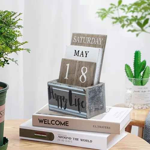 Miniatura 4 de Notakia Calendario perpetuo, bloques de calendario de madera, calendario vintage de bloques de madera para oficina en casa, accesorios de Vida feliz