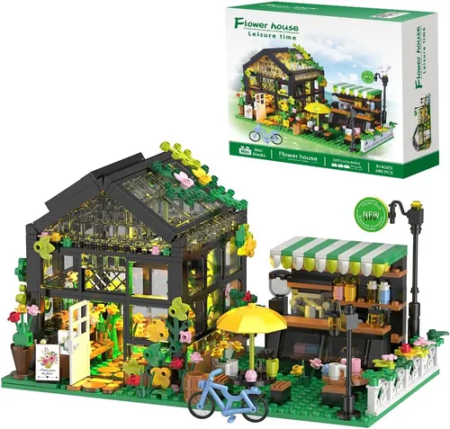 Miniatura 10 de Conjunto Mini de Construcción de Casa de Flores con LED, Juego de Bloques de Construcción de Invernadero con Vista de Calle de la Ciudad, Regalo