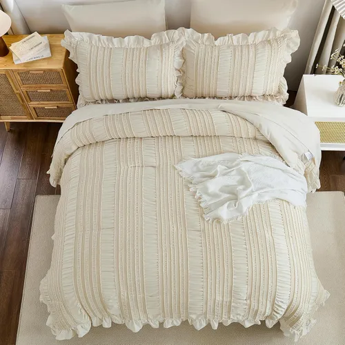 Miniatura 8 de WONGS BEDDING Juego de edredón individual, 6 piezas de cama beige en una bolsa para dormitorio, edredón bohemio con volantes para cama individual