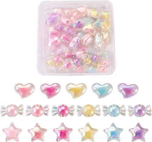 Beadthoven - 92 cuentas acrílicas con forma de corazón y estrella, color arcoíris mixto, cuentas de poni AB para hacer joyas de bricolaje