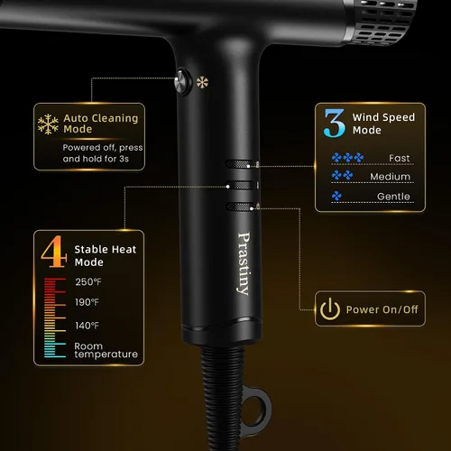 Miniatura 5 de Secador de pelo iónico con difusor, secado rápido, con pantalla LCD y tecnología de limpieza automática, 4 ajustes de calor y 3 velocidades, diseño