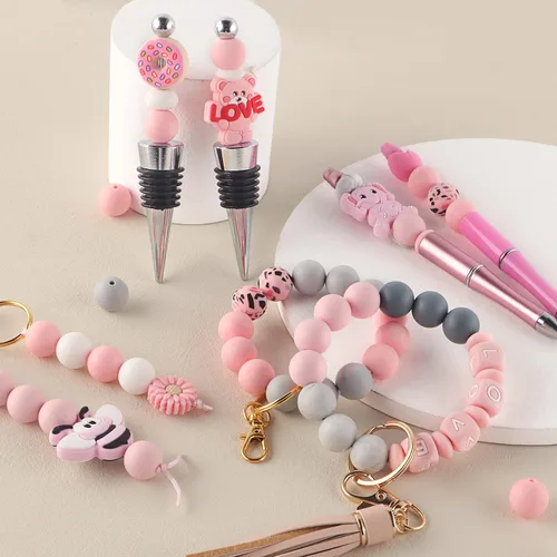 Miniatura 4 de Sunrony 70 cuentas de silicona para hacer collares, cuentas redondas de silicona a granel de 0.59 pulgadas para bolígrafos (rosa caramelo)