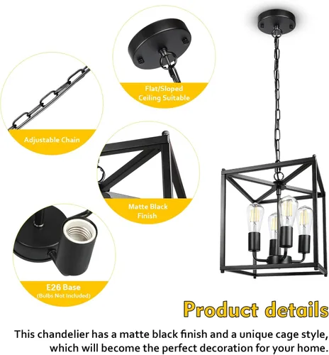 Miniatura 3 de Unicozin Candelabro de granja negro de 4 luces, lámpara colgante de linterna de hierro, jaula rústica de altura ajustable, base E26, luces colgantes