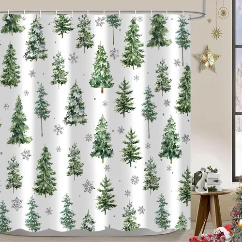 Cortina de ducha de Navidad con diseño de pino, cortinas de baño decorativas estilo granja retro de acuarela, invierno, copos de nieve, verde, tela