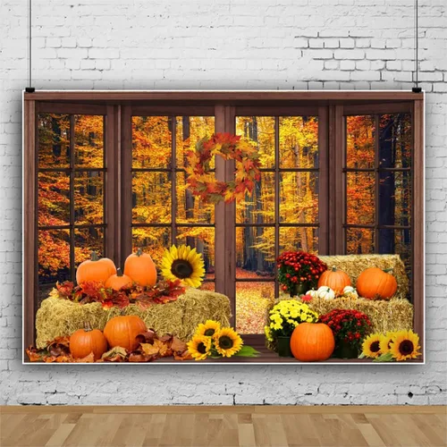 Miniatura 2 de Laeacco Telón de fondo de poliéster para ventana de otoño, 5 x 3 pies, paisaje forestal otoñal para fotografía, calabazas, hojas de arce, flores