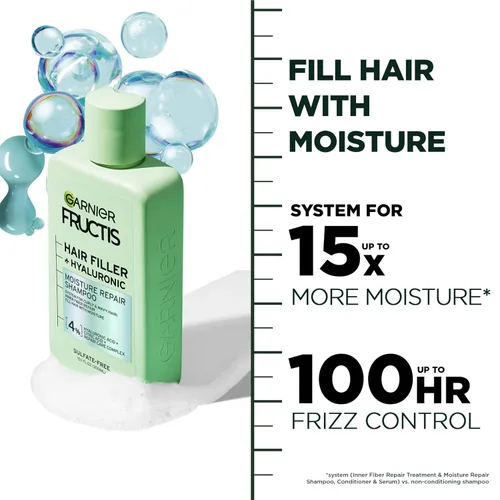 Miniatura 4 de Garnier Fructis Hair Filler Champú reparador de humedad, champú sin sulfato para cabello rizado y ondulado con ácido hialurónico, 10.1 onzas