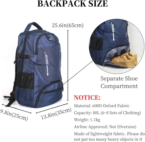 Miniatura 4 de Mochila de viaje grande de 80L para hombres y mujeres, mochila de senderismo ligera resistente al agua con compartimento para zapatos, Negro