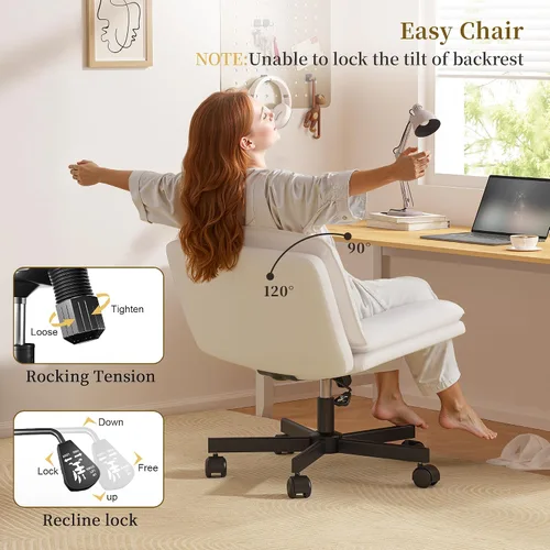 Miniatura 6 de DurayLoly Silla Criss Cross con Ruedas, Silla de Oficina con Patas Cruzadas con Cojín de 2 Capas, Asiento Ancho Cómodo, Cuero, Sin Brazos, Sillas