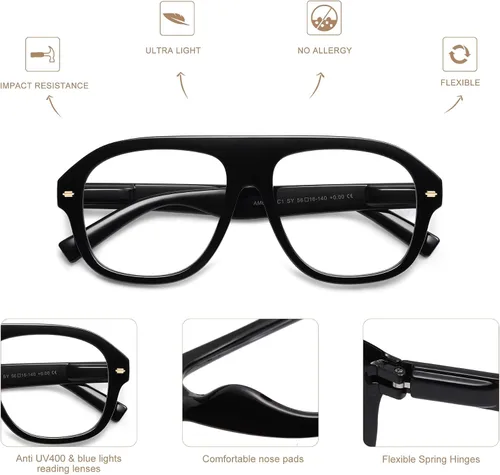 Miniatura 4 de AMOMOMA Paquete de 3 lentes de lectura estilo aviador retro con luz azul para mujeres y hombres, marco grande para lector de computadora AM6163