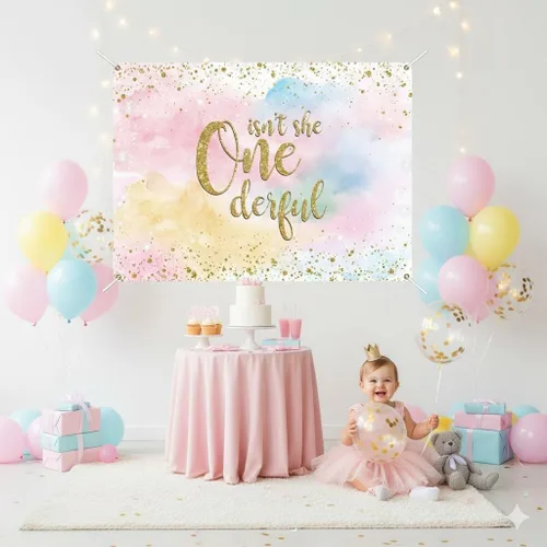 Miniatura 2 de Fondo bohemio de 5 x 3 pies para fiesta de primer cumpleaños, diseño de lunares dorados, decoración de cumpleaños con texto en inglés "Isn't She