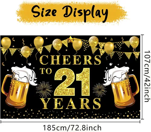Miniatura 2 de Decoración de pancarta de feliz cumpleaños número 21, suministros de fiesta de telón de fondo de texto en negro y dorado con texto en inglés "Cheers