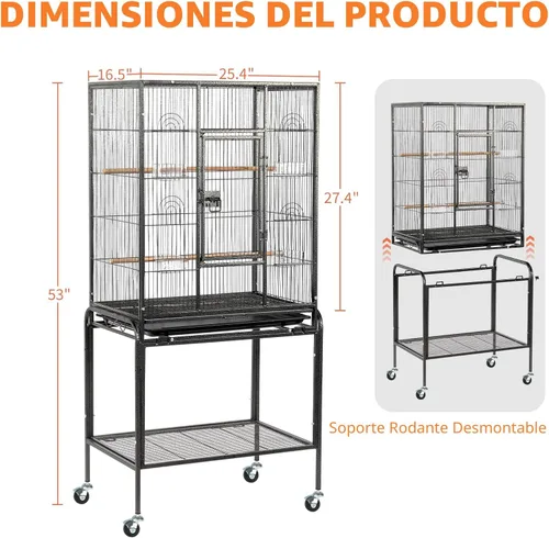 Miniatura 5 de VINGLI Jaula para pájaros de 53 pulgadas con ruedas, jaula duradera de hierro forjado con bandeja deslizante, jaulas para pájaros negros