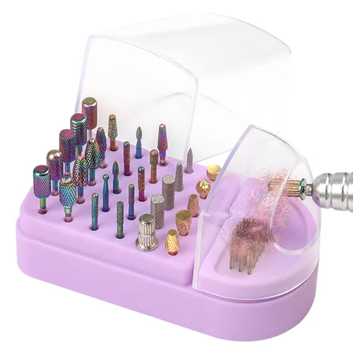 Miniatura 9 de Soporte para brocas de uñas 2 en 1 y estuche para cepillos de limpieza, 30 agujeros, a prueba de polvo, para arte de uñas, caja de almacenamiento