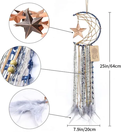 Miniatura 2 de Dremisland Atrapasueños Azul Hecho a Mano Diseño de Media Luna Atrapasueños de Pluma Colgante con Estrella Decoración del Hogar Ornamento Regalo