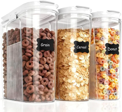 Contenedores de almacenamiento de cereales, juego de 3 recipientes herméticos de PET con tapas (135.2oz/4L) para organización de gabinete de cocina