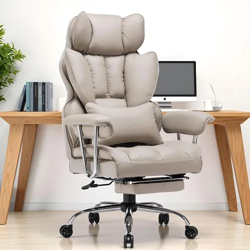 Miniatura 15 de Efomao Silla de oficina grande y alta con reposapiés, silla ejecutiva de respaldo alto de 450 libras con cojín de resorte, tapicería de piel Blanco