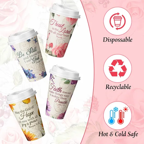Miniatura 3 de Dandat 100 tazas de café desechables cristianas con tapas, tazas de papel de 16 onzas con texto en inglés "Floral Tea Scripture" a granel