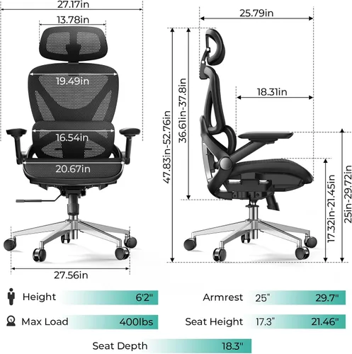 Miniatura 2 de CAPOT Silla de oficina ergonómica de malla, silla de escritorio lumbar ajustable con respaldo alto de 400 libras, brazos abatibles 4D, respaldo Negro