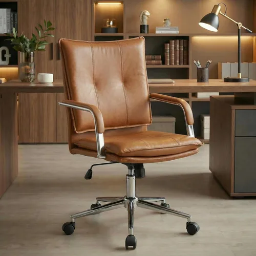 Miniatura 8 de MOJAY Silla de oficina, silla de escritorio de cuero, silla de escritorio marrón, silla de oficina moderna de mediados de siglo, silla de asiento