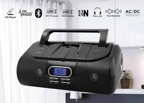 Miniatura 3 de HANNLOMAX Boombox portátil HX-318CD CD/MP3/USB, radio FM PLL, Bluetooth, 1 puerto USB para reproducción de MP3, 1 puerto USB para carga de 1A, Negro